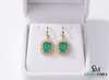 Gold Drop Earrings with Emerald cut Natural Green Stone & Sparkling Halo