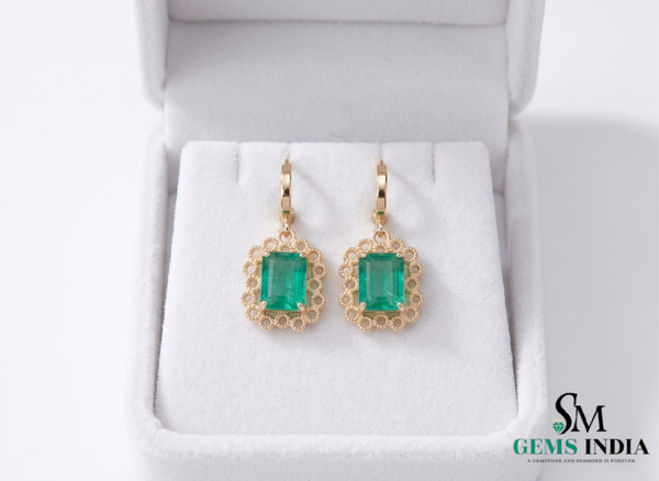 Gold Drop Earrings with Emerald cut Natural Green Stone & Sparkling Halo