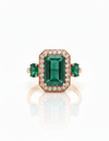 Emerald Cut and Oval Natural Emerald & Diamond Halo Ring 14K Gold Three Stone Design