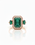 Emerald Cut and Oval Natural Emerald & Diamond Halo Ring 14K Gold Three Stone Design
