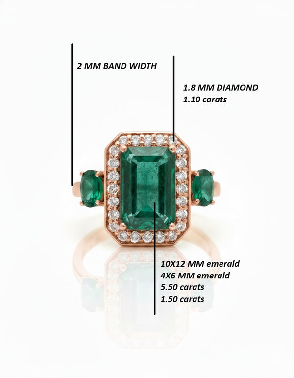Emerald Cut and Oval Natural Emerald & Diamond Halo Ring 14K Gold Three Stone Design