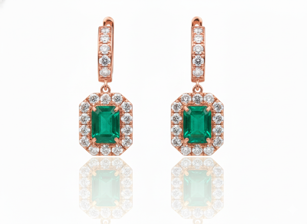 8 carat Vintage Style Natural Emerald-Cut Emerald Earrings with Diamond Halo Drop Earrings in 14K White Gold