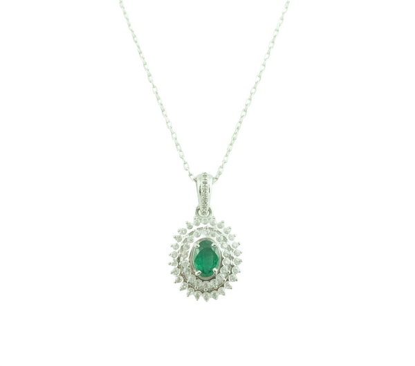 1 carat Vintage Style Oval Emerald Pendant with Diamond Halo in 14K Gold