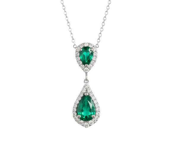4 carat Double Pear Emerald and Diamond Halo Pendant in 14K Gold Gift for her
