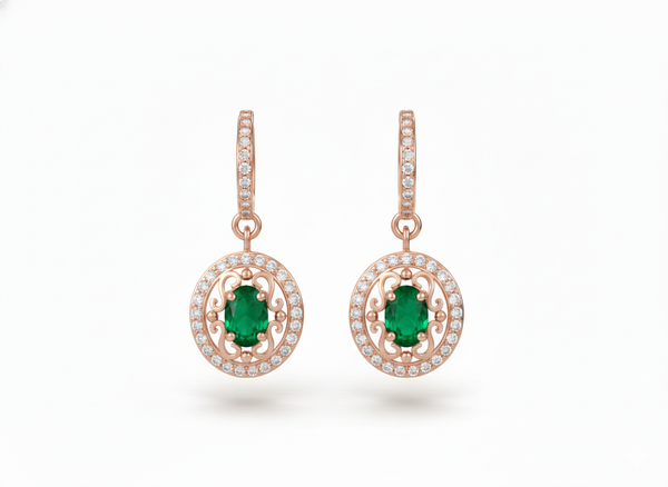 2 carat Natural Emerald Oval 14k Gold Dangle Earrings with Diamond Halo