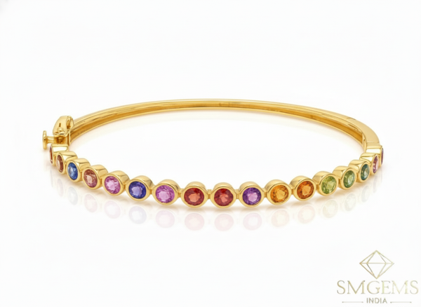 Stackable Rainbow Sapphire Cuff Bangle - Natural Ombre Sapphire Bracelet