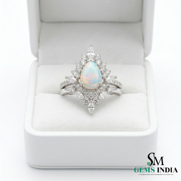 Vintage Teardrop Opal Oval Engagement Ring Double Band Statement Ring