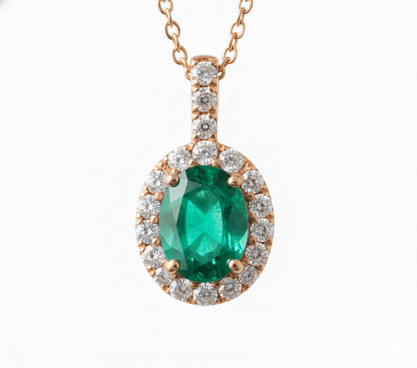Natural Emerald Halo Pendant Necklace Oval Green Gemstone with Diamonds