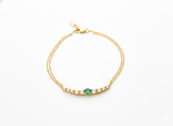 Classic Round Natural Emerald & Diamond Center Bar Bracelet