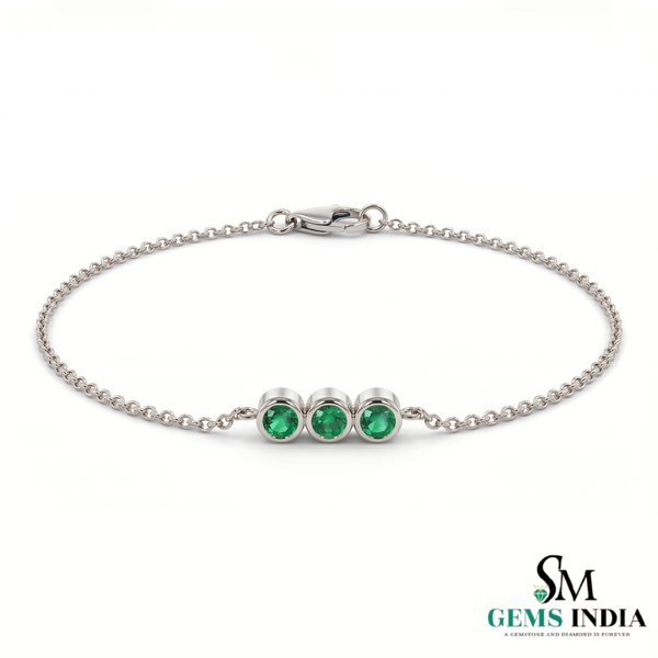 Fine Emerald Three Stone Bracelet – 14K Gold Bezel Set Trio Minimal Everyday Jewelry