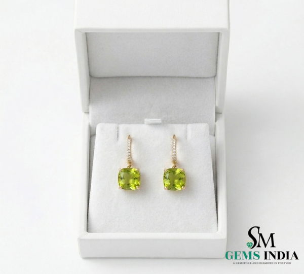 Cushion Cut Peridot Drop Earrings and Diamonds - Elegant Dangle Earrings for Women