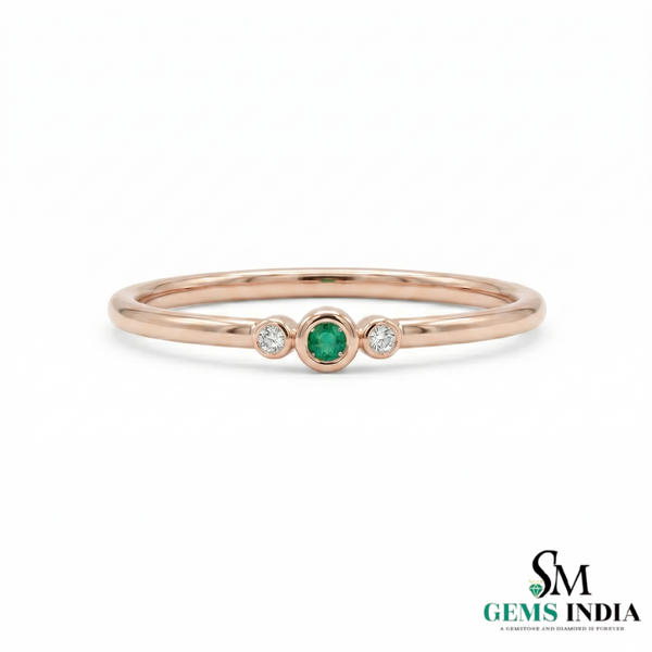 Minimalist Emerald & Diamond Trio Ring in 14K Gold - Gift For Her