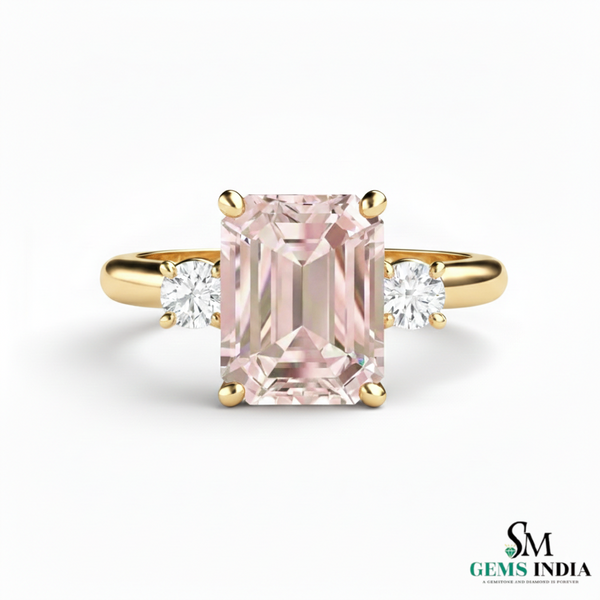 Emerald Cut Morganite Diamond Promise Ring in 18K Gold - Gift For Her