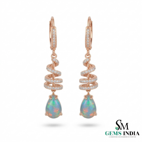 Pear Opal Drop Earrings with Diamond Spiral Design