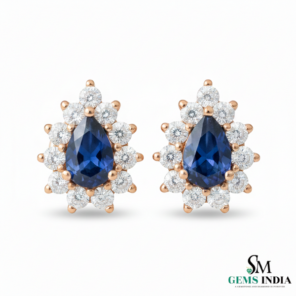 Royal Pear Blue Sapphire & Diamond Stud Earrings - Bridal Sapphire Earrings