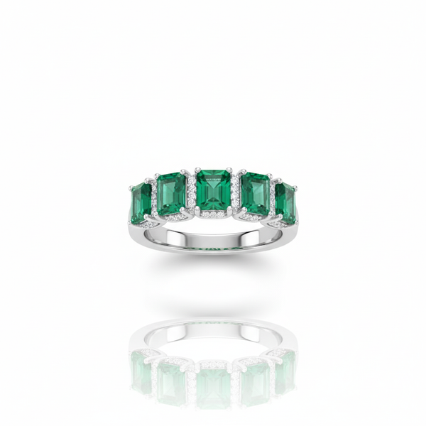 Elegant Five Emerald Cut Natural Emerald Gemstone Ring with Diamond Accents