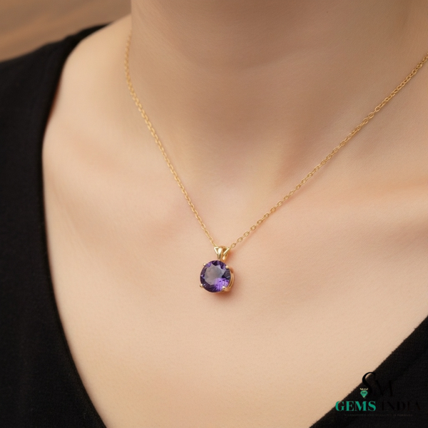 Natural Round Amethyst Gold Solitaire Pendant - February Birthstone