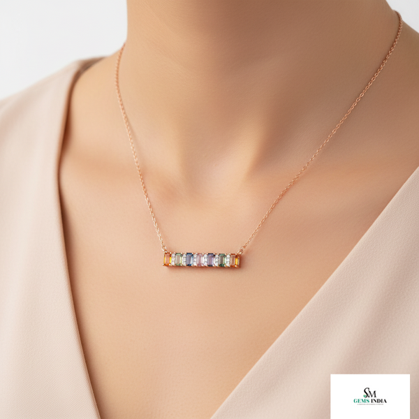 Rainbow Bar Necklace in 14k Gold Emerald Cut Multicolor Pendant