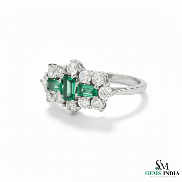 Three Stone Emerald and Diamond Cluster Ring – Fine Gold Jewelry