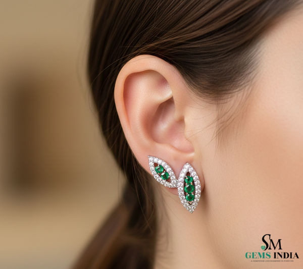 Minimalist Round Emerald Diamond Marquise design Stud Earrings