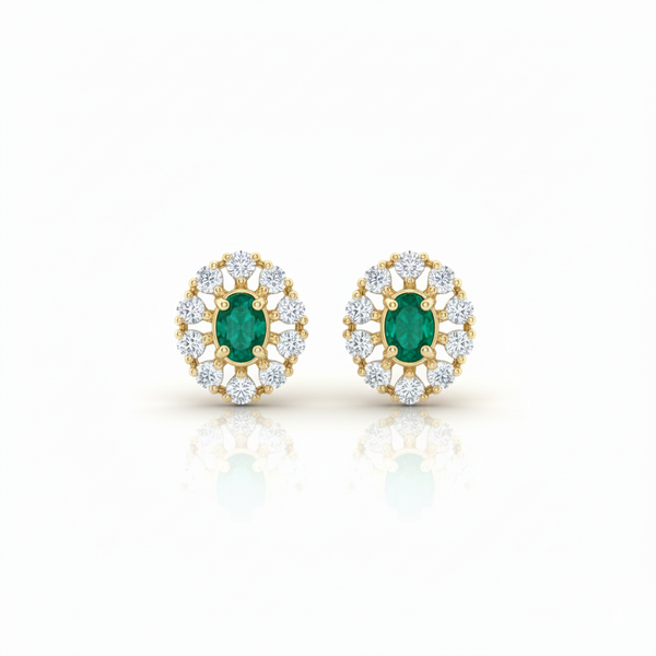 Oval Natural Emerald Stud Earrings 14k Gold Diamond Halo Earrings