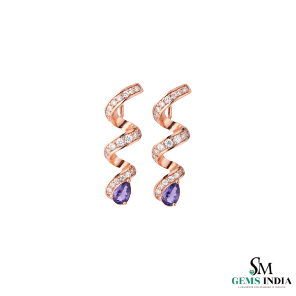Pear Cut Blue Tanzanite & Diamond Spiral Drop Earrings in 14k and 18kk Gold