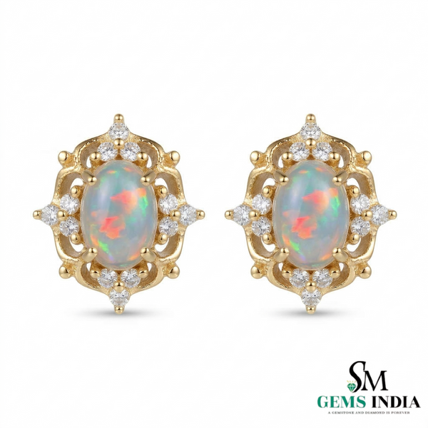 Oval Natural Opal & Diamond Stud Earrings Classic Gold Opal Earrings