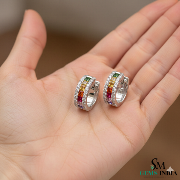 Elegant Rainbow Gemstone Hoops Princess Cut Multicolor Gemstone Earrings