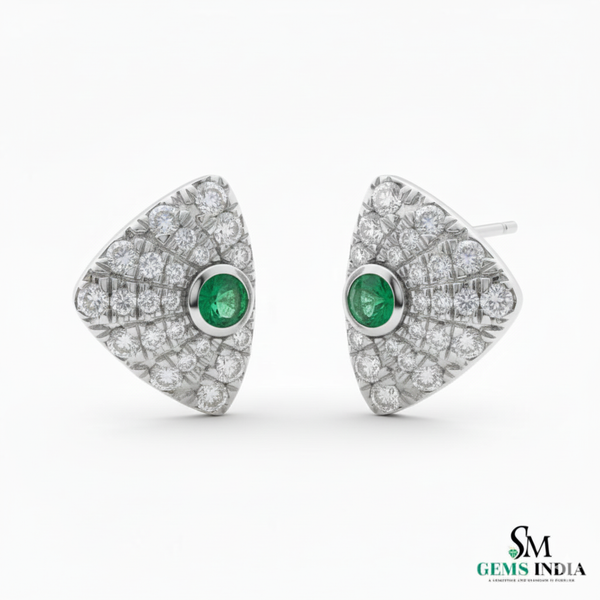1.30 carat Round shaped Natural Emerald Diamond Triangle Stud Earrings in 14k Gold