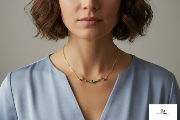 Natural Emerald & Diamond Baguette Necklace in 14K Solid Gold Fine Gift for Her