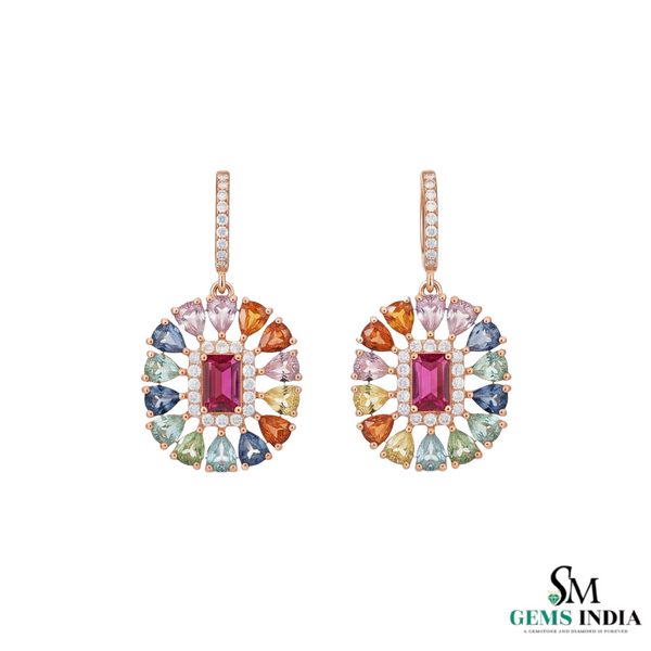 Pear shaped Rainbow Multi-Sapphire Drop Earrings with Pink Tourmaline