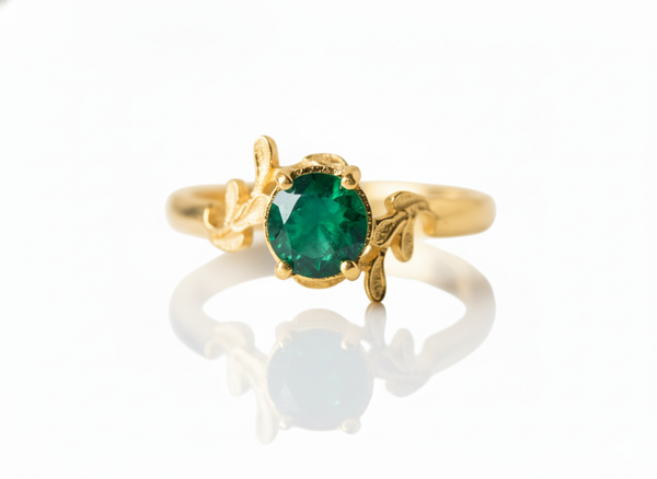 Natural Emerald Ring with Leaf Pattern Band Promise Ring in 14k Gold 1.10 carat Emerald Wedding RIng