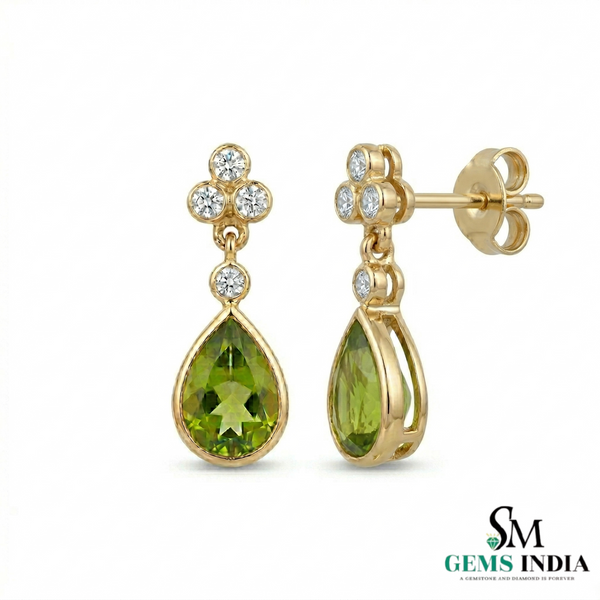 Green Peridot Teardrop Dangle Earrings with Diamond Accents - Fine Jewelry Gift for Her