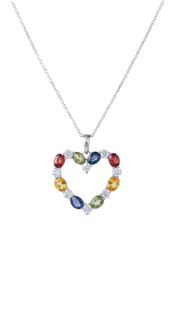 Rainbow Multicolor Oval Gemstone Heart Pendant Necklace in 18k Gold