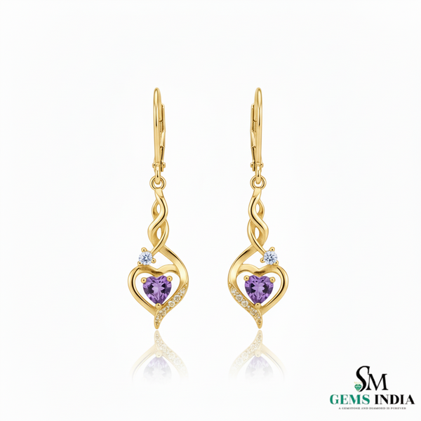 Elegant Heart-Shaped Amethyst Drop Earrings With Diamond