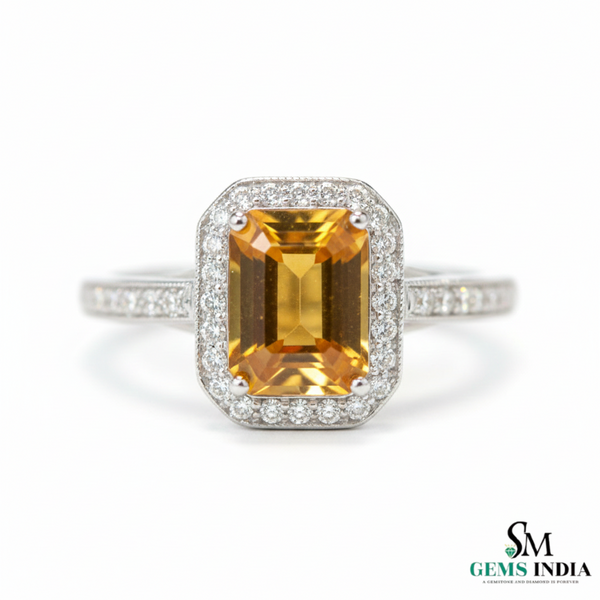 Elegant Emerald Cut Citrine Halo Ring for Women - November birthstone ring