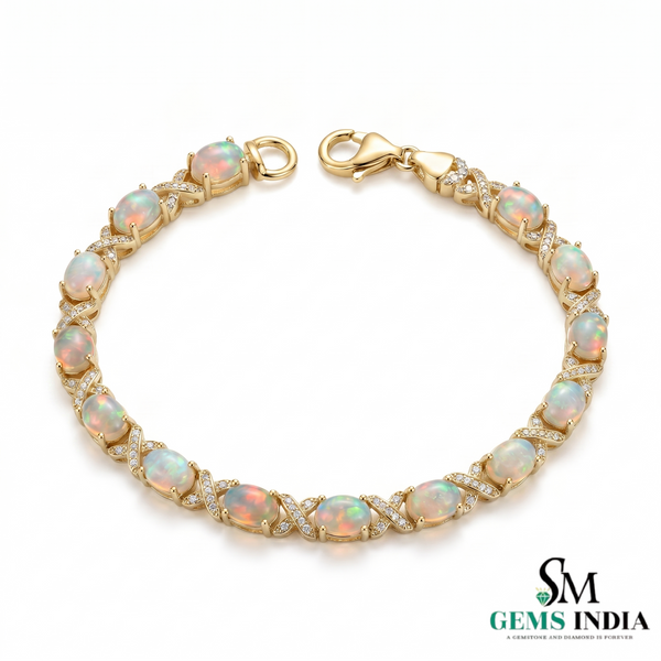 Natural Ethiopian Opal Tennis Bracelet with Diamond Infinity Links