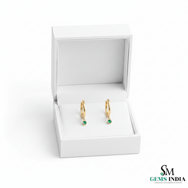 Emerald Drop Hoop Earrings in Gold – Round Emerald Dangle Huggie Earrings
