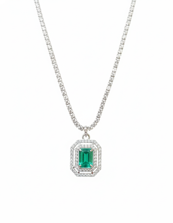2.50 carat Green Emerald Diamond Halo Necklace With Luxury Emerald-Cut Pendant Anniversary gift