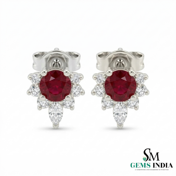 Round Ruby & Diamond Halo Stud Earrings Elegant Fine Jewelry Gift for Women