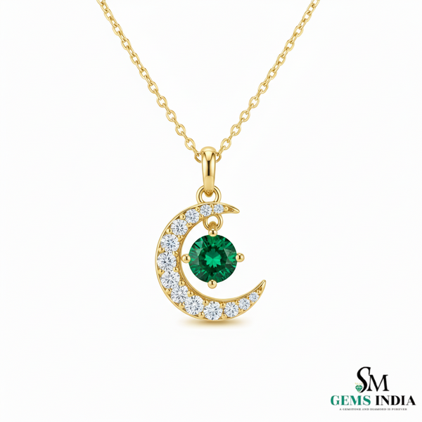 Crescent Moon Round Natural Emerald Pendant in 18k Gold Minimalist Birthstone Jewelry