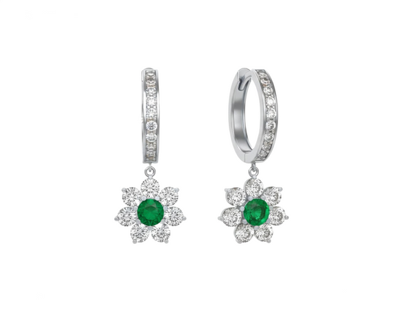 Flower Dangle Earrings with Natural Emerald and Sparkling Diamond Accent Hoops