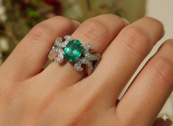 Oval Emerald And Diamond Engagement Ring in 18k Solid Gold Vintage Scroll Band Engagement Ring
