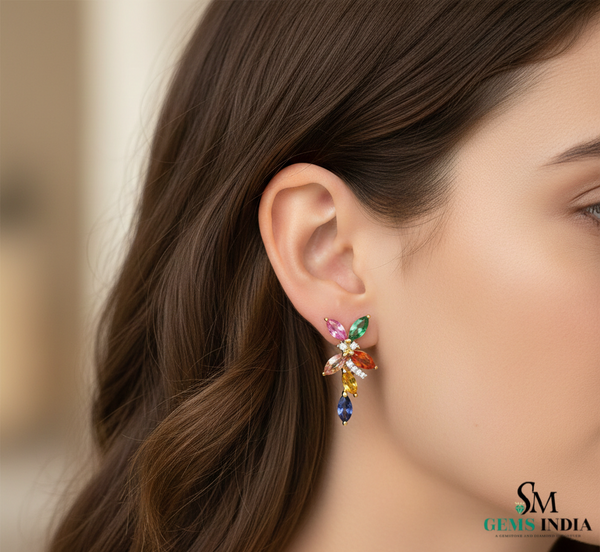 Multicolor Marquise Gemstone Floral Drop Earrings - Butterfly Flower Dangle Earrings