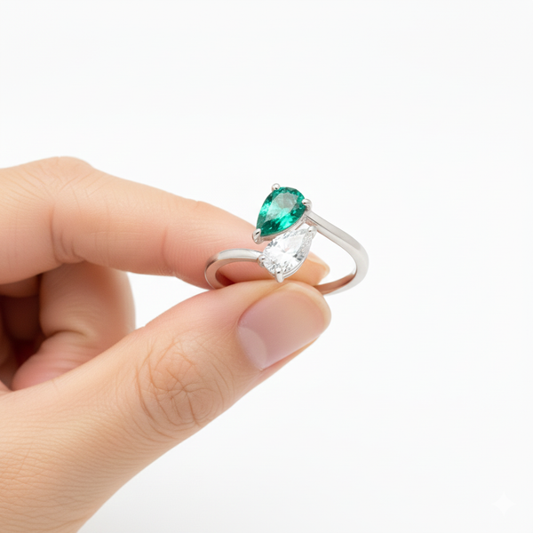 Pear Shape Natural Emerald And Moissanite Solitaire Ring - Women May Birthstone Gift Ring