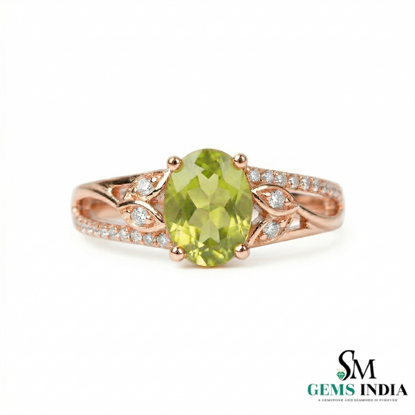 Oval Peridot Ring with Diamond Leaf Accents - Promise ring