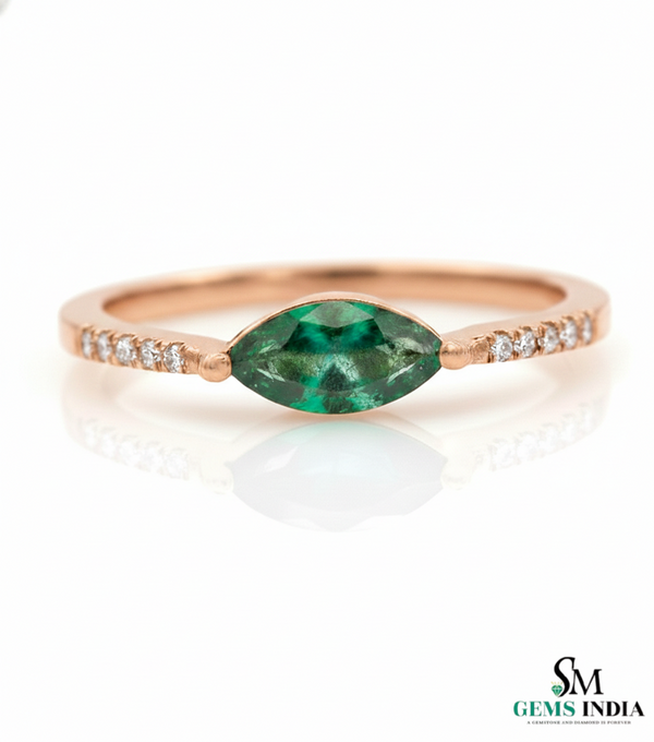 Minimalist Marquise Cut Green Emerald Ring with Diamond Accent Band – Delicate Fine Jewelry
