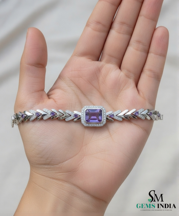 Emerald-Cut and Round Amethyst Diamond Halo Bracelet for Women
