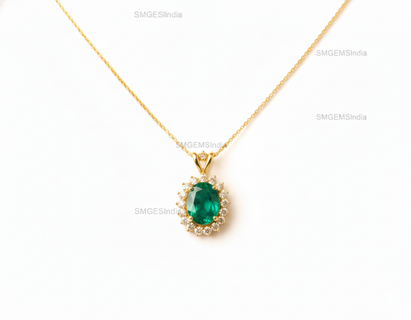 Vintage style 2.30 carat Oval shape Natural Emerald and Diamond Halo Pendant Necklace in 14K gold