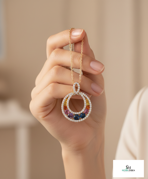 Rainbow Multicolor Oval Gemstone Pendant in 18k Gold